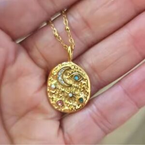 New! 18K Gold star moon texture pendant retro unique adjustable necklace